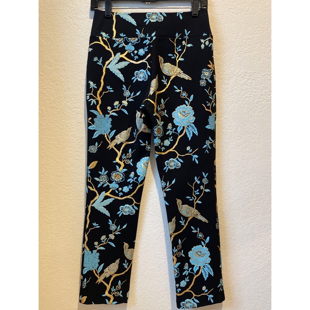 Beautiful Soft Surroundings Pants with Metallic Floral Bird Chinoiserie Print